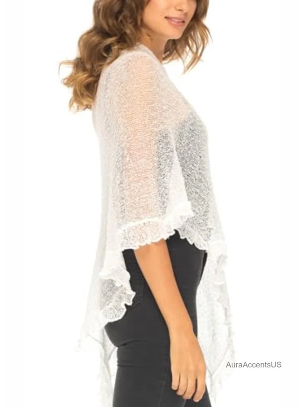 Sheer Knit Poncho Shrug Lightweight Asymmetrical Ruffle Wrap Dressy Summer